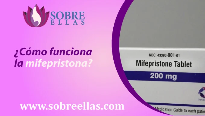 Se mira en la imagen una caja de Mifepristona de 200mg y al lado izquierdo un titulo que dice: ¿Cómo funciona la mifepristona?