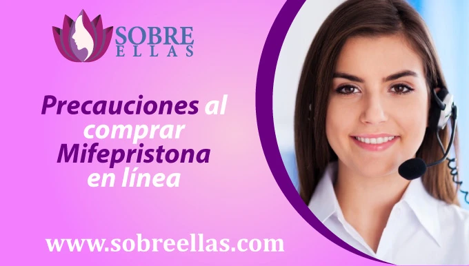 Se mira el rostro de una mujer sonriendo y al lado izquierdo un titulo que dice: Precauciones al comprar Mifepristona en línea