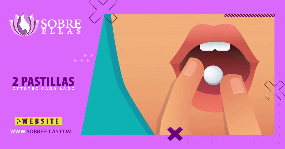 Ilustración de mujer introduciendo las pastillas abortivas Cytotec entres su mejilla y sus encías por 30 minutos 